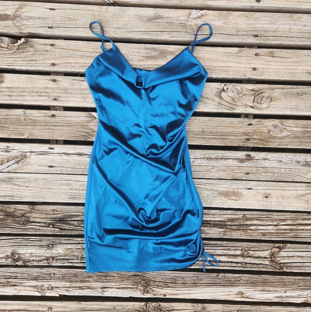 Honey and Rosie Teal Fitted Cowl neck Dress Ruched Small Homecoming formal dance